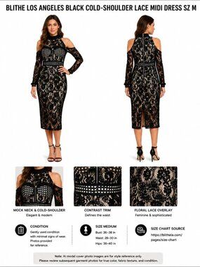 BLITHE LOS ANGELES BLACK COLD-SHOULDER LACE MIDI DRESS SZ M